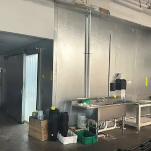 2021 foam panel walk-in freezer. Features (4) Krack 5-fan evaporator coils, interior lighting, sliding pallet door with strip curtains, and a 36"x78" 
