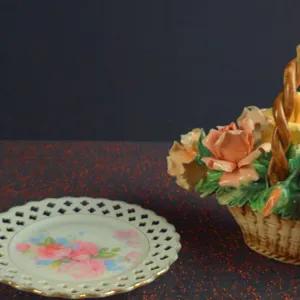 Bavarian Porcelain Plate, Flower Basket, and Lady Figurine Group