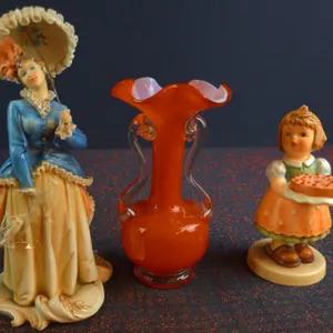 Goebel Collector's Club Figurine, Borsato Porcelain, and Red Glass Vase