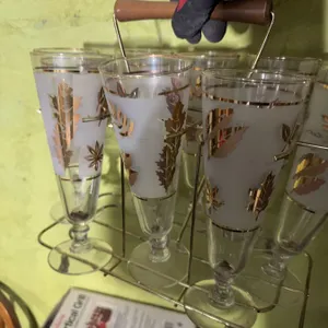 8 Frosted Gold Leaf Tall Glasses with Metal Carrier