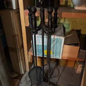 Black Metal Fireplace Tool Set with Stand, Four Pieces