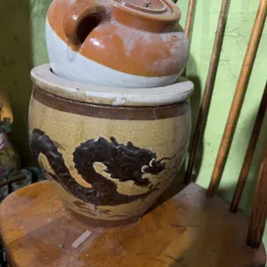 Chinese-Style Ceramic Pot With Dragon Motif and Lidded Brown Stoneware Jug