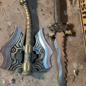 Decorative Fantasy Axe And Sword Set, Metal And Resin