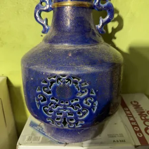 Blue Ceramic Vase with Openwork Medallion and Dragon Handles
