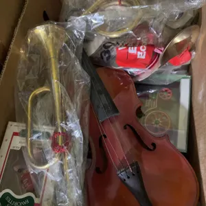 Box Lot with Toy Violin, Brass Bugle, Ornaments and Decorations