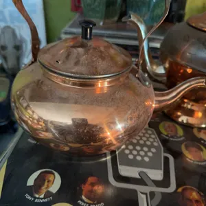 Copper-Plated Teapot, Sugar Bowl, and Metal Tray Set