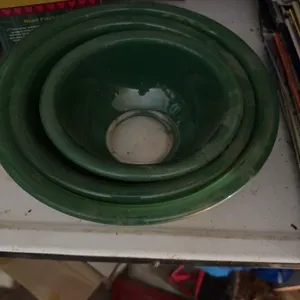 3 Green Glass Mixing Bowls And Large Vintage Vinyl Record Collection