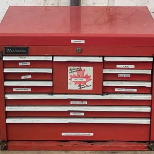 Westward Red Tool Chest, Blue Three-Drawer Metal Box, and Black Plastic Toolbox – Assorted Tools
