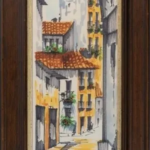 EUROPEAN STREET SCENE MIXED MEDIA PAINTING