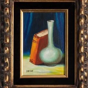 BACHE STILL LIFE WITH VASE AND BOOK OIL PAINTING