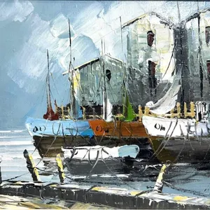 SIGNED HARBOUR SCENE WITH BOATS