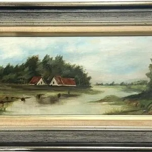 RIVER LANDSCAPE WITH COTTAGES OIL PAINTING