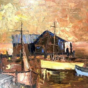 CANADIAN SCHOOL HARBOUR SCENE OIL PAINTING