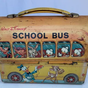 Vintage 1960s Walt Disney School Bus metal lunch box manufactured by Aladdin Industries