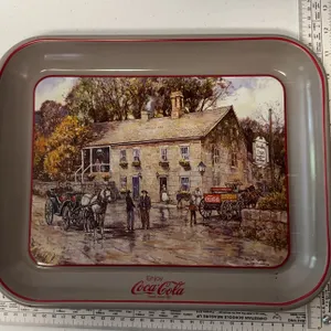 Vintage 1985 metal Coca-Cola serving tray featuring artwork of the "Headley Inn"