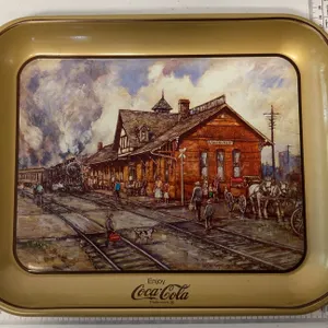 Vintage 1988 Coca-Cola metal serving tray of the B&O Railroad Station in Zanesville, Ohio