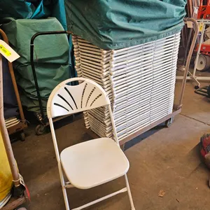 White Plastic/Metal Fan Back Folding Chairs, Approx. 48 with Cart