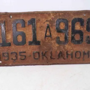 1935 Oklahoma License Plate White w/Black Numbers