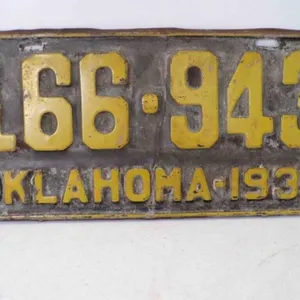 1933 Oklahoma License Plate Black w/Yellow Numbers