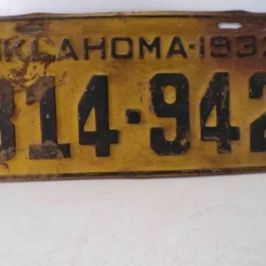 1932 Oklahoma License Plate Yellow w/Black Numbers