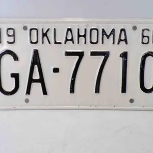 1966 Oklahoma License Plate White w/Black Numbers