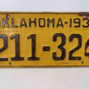 1938 Oklahoma License Plate Yellow w/Black Numbers