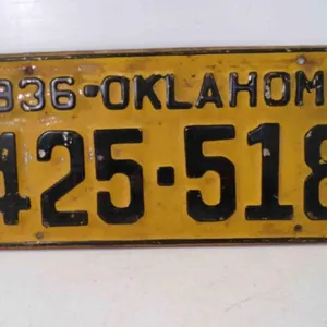 1936 Oklahoma License Plate Yellow w/Black Numbers