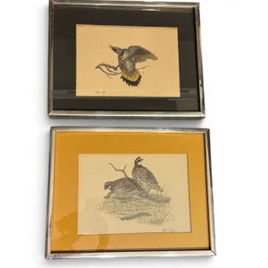 Original Framed Wildlife Watercolor Paintings of Quails and Flicker by Tuck Hayward