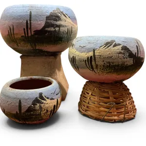 Hand-Painted Terracotta Decorative Bowls with Scenic Desert Motifs