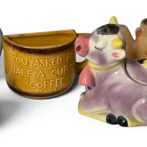 Five Novelty Ceramic Mugs and Creamer, Including Cow-Shaped Creamer