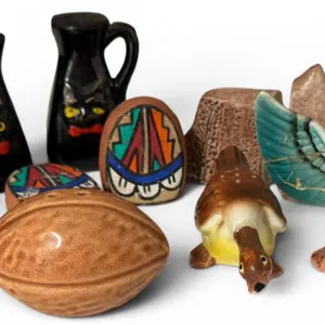 Ceramic Figurines, Wooden Coasters, and Painted Pottery Pieces