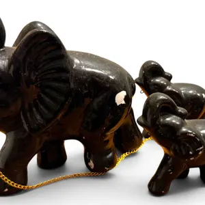 Black Stone Elephant Figurines with Gold Chain Detail