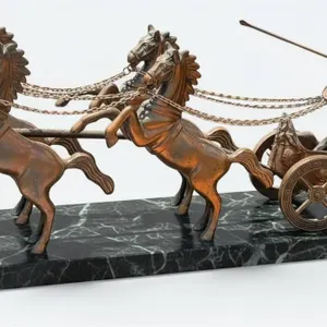 Bronze Chariot Sculpture with Horses on Marble Base