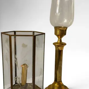Brass Hurricane Candle Holder and Etched Glass Lantern