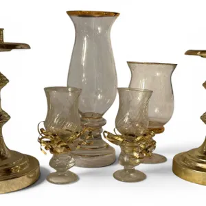 Brass Candlesticks and Glass Hurricane Shades With Gold Accents