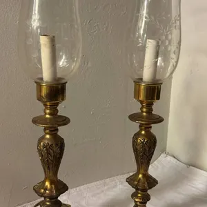 Brass Hurricane Table Lamps with Etched Glass Shades
