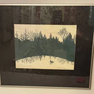 Gwen Frostic Signed Original Linocut Block Print "Ducks in Winter," Framed