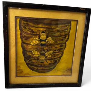 Framed Painting of Two Bees on a Honeycomb, Yellow Background