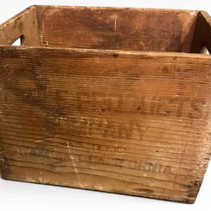Wooden Crate with Faint Stenciled Lettering and Side Handles