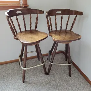 Pair Of Swivel Wood Bar Stools, Made In Singapore, 41''X17''X23''