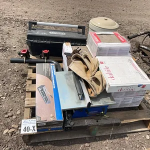 2 - CASES OF WALNUT PORCELAIN TILE, TIEL SAW, TILE BREAKER, TOOLBOX OF TILE TOOLS, TRAILER MOUNT 2 BIKE RACK & MORE
