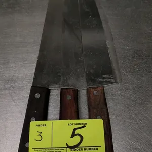 Stainless steel chef's knife. Features a 10"L blade and a riveted wood handle.