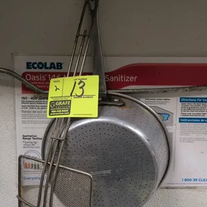 Assorted metal kitchen strainers. Includes (1) Duranware aluminum perforated strainer pan with a long handle and (1) square wire mesh skimmer with a l