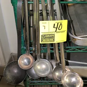 Assorted metal ladle lot. Includes 7 kitchen ladles of various capacities, including 2 oz and 4 oz. Features stainless steel construction and hooked h