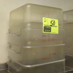 Polycarbonate food storage containers. Features a 12-quart capacity with molded-in graduation markings in quarts and liters. Note: One container has a