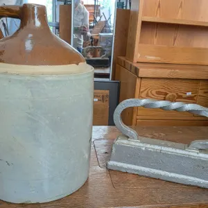 Stoneware Jug (Red Wing Union) and Large Flat Iron