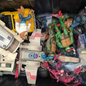 Bin of Assorted Boy Toys Including Action Figures and Vehicles