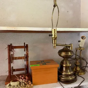 Vintage Brass Table Lamp & Wooden Spool Holder Lot