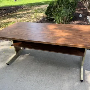 Vintage Wood Grain Desk with Metal Legs and Shelf