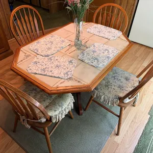 Oak Dining Set with Tiled Top  Floral Cushions